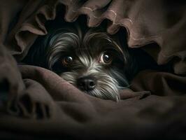 Mischievous dog peeking out from a cozy blanket fort AI Generative photo