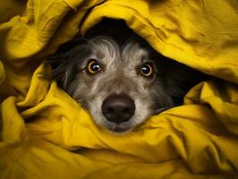 Mischievous dog peeking out from a cozy blanket fort AI Generative photo