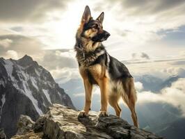 Majestic dog standing proudly on a mountain peak AI Generative photo