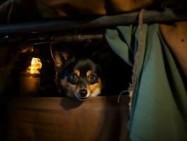 Mischievous dog peeking out from a cozy blanket fort AI Generative photo