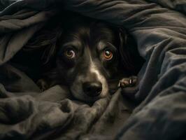 Mischievous dog peeking out from a cozy blanket fort AI Generative photo