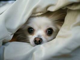 Mischievous dog peeking out from a cozy blanket fort AI Generative photo