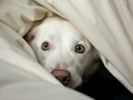 Mischievous dog peeking out from a cozy blanket fort AI Generative photo