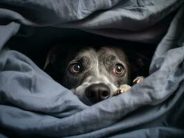 Mischievous dog peeking out from a cozy blanket fort AI Generative photo