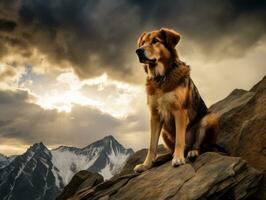 majestuoso perro en pie con orgullo en un montaña pico ai generativo foto