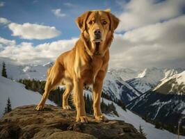 majestuoso perro en pie con orgullo en un montaña pico ai generativo foto