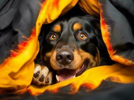 Mischievous dog peeking out from a cozy blanket fort AI Generative photo