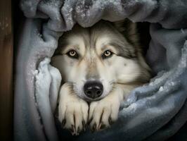 Mischievous dog peeking out from a cozy blanket fort AI Generative photo