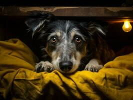 Mischievous dog peeking out from a cozy blanket fort AI Generative photo