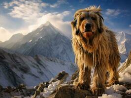 majestuoso perro en pie con orgullo en un montaña pico ai generativo foto