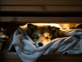 Mischievous dog peeking out from a cozy blanket fort AI Generative photo