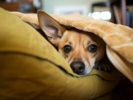 Mischievous dog peeking out from a cozy blanket fort AI Generative photo