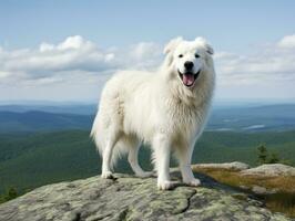 majestuoso perro en pie con orgullo en un montaña pico ai generativo foto