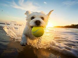 Happy dog playing on the beach AI Generative photo