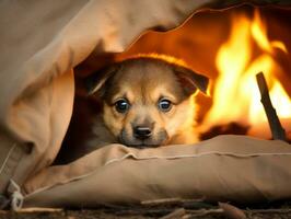 Mischievous dog peeking out from a cozy blanket fort AI Generative photo