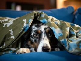 Mischievous dog peeking out from a cozy blanket fort AI Generative photo
