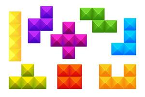 Game bricks set, colorfull blocks clasic logic game, puzzle in cartoon style isolated on white background. Creative detailed shapes. Vector illustration