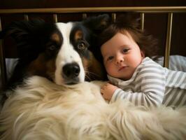 amoroso perro acariciando un recién nacido bebé en un cuna ai generativo foto