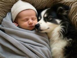 amoroso perro acariciando un recién nacido bebé en un cuna ai generativo foto