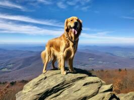 majestuoso perro en pie con orgullo en un montaña pico ai generativo foto