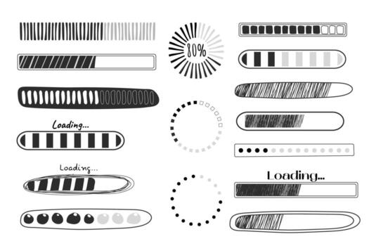 Set Loading bar, progress in doodle style isolated on white background. Indicator, line hand drawn sketch. Vector illustration