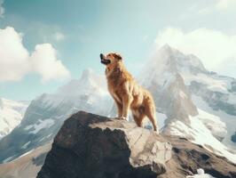 majestuoso perro en pie con orgullo en un montaña pico ai generativo foto