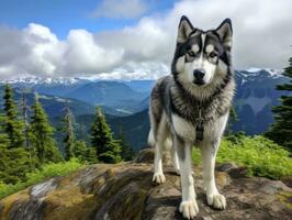 majestuoso perro en pie con orgullo en un montaña pico ai generativo foto