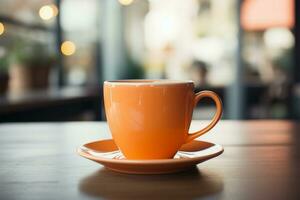 Orange coffee cup, quietly placed on a tabletop AI Generated photo