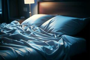 Soft blue bedding basks in the glow of an electric lamp AI Generated photo