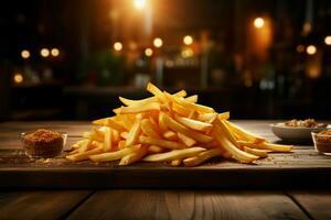 Rustic table adorned with golden crispy French fries, text space AI Generated photo