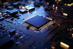 Technology in style computer circuit board with dynamic light illustration AI Generated photo