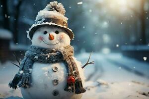 Quirky snowman with whimsical expression in a textured snowy setting AI Generated photo