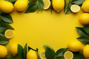 Minimalistic lemon frame, soft yellow matte background, and vibrant zest AI Generated photo