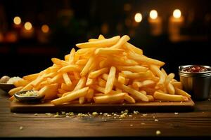 Rustic indulgence golden fries on a wooden table, text ready AI Generated photo