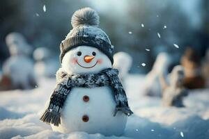 Quirky snowman with whimsical expression in a textured snowy setting AI Generated photo