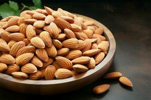 atractivo almendra nueces en un de madera lámina, un natural bocadillo ai generado foto