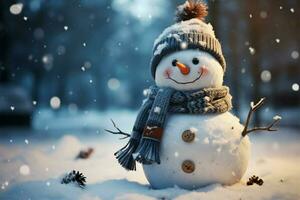 Quirky snowman with whimsical expression in a textured snowy setting AI Generated photo