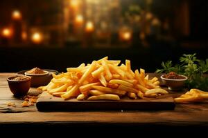 Rustic table adorned with golden crispy French fries, text space AI Generated photo