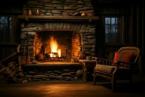 Rustic cabin, crackling fireplace, serene background, empty space for text AI Generated photo