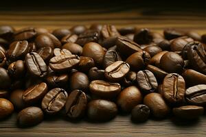 Coffee beans displayed in a close up view on a wooden table AI Generated photo