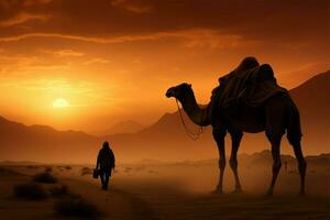 puesta del sol en el desierto, con un tormenta de arena arremolinándose alrededor un camello ai generado foto