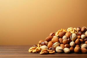 Nuts displayed on a light brown background with text space AI Generated photo