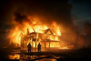 intenso esfuerzo a extinguir un casa envuelto en llamas ai generado foto