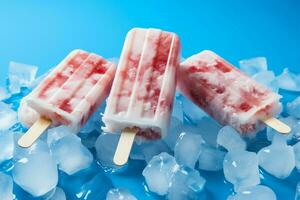 Frozen treats and ice cubes on a top down blue backdrop AI Generated photo