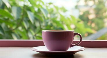 Serenity in a simple scene a purple coffee cup on tabletop AI Generated photo