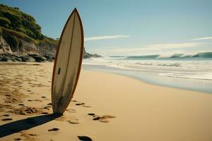 tabla de surf descansa en un prístino, intacto playa, gratis y tranquilo ai generado foto