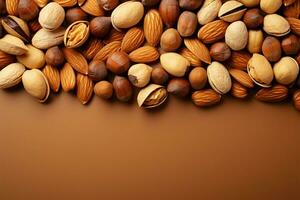 Light brown background adorned with nuts, leaving space for text AI Generated photo