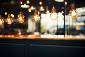 Background a cafe with a cozy blur and hanging light bulbs AI Generated photo