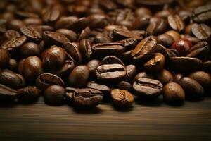 Coffee beans up close, resting on a textured wooden table AI Generated photo