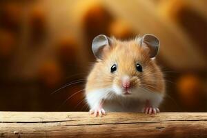 adorable hámster cerca arriba, mullido las mejillas, bigotes, texturizado rústico de madera antecedentes ai generado foto